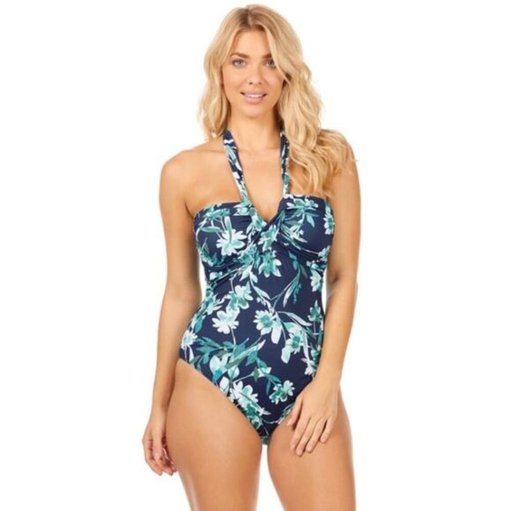 Leilani Navy Floral Lux Bandini One Piece Swimsuit Halter‎ C721184 Size 12 NEW